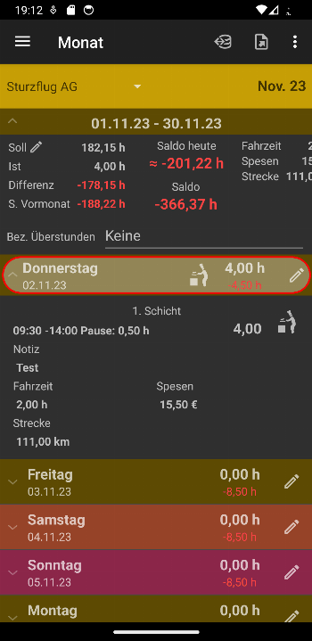 Working Time Account screenshot