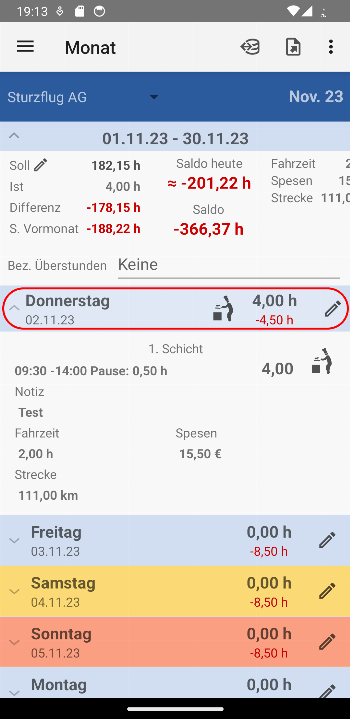 Working Time Account screenshot